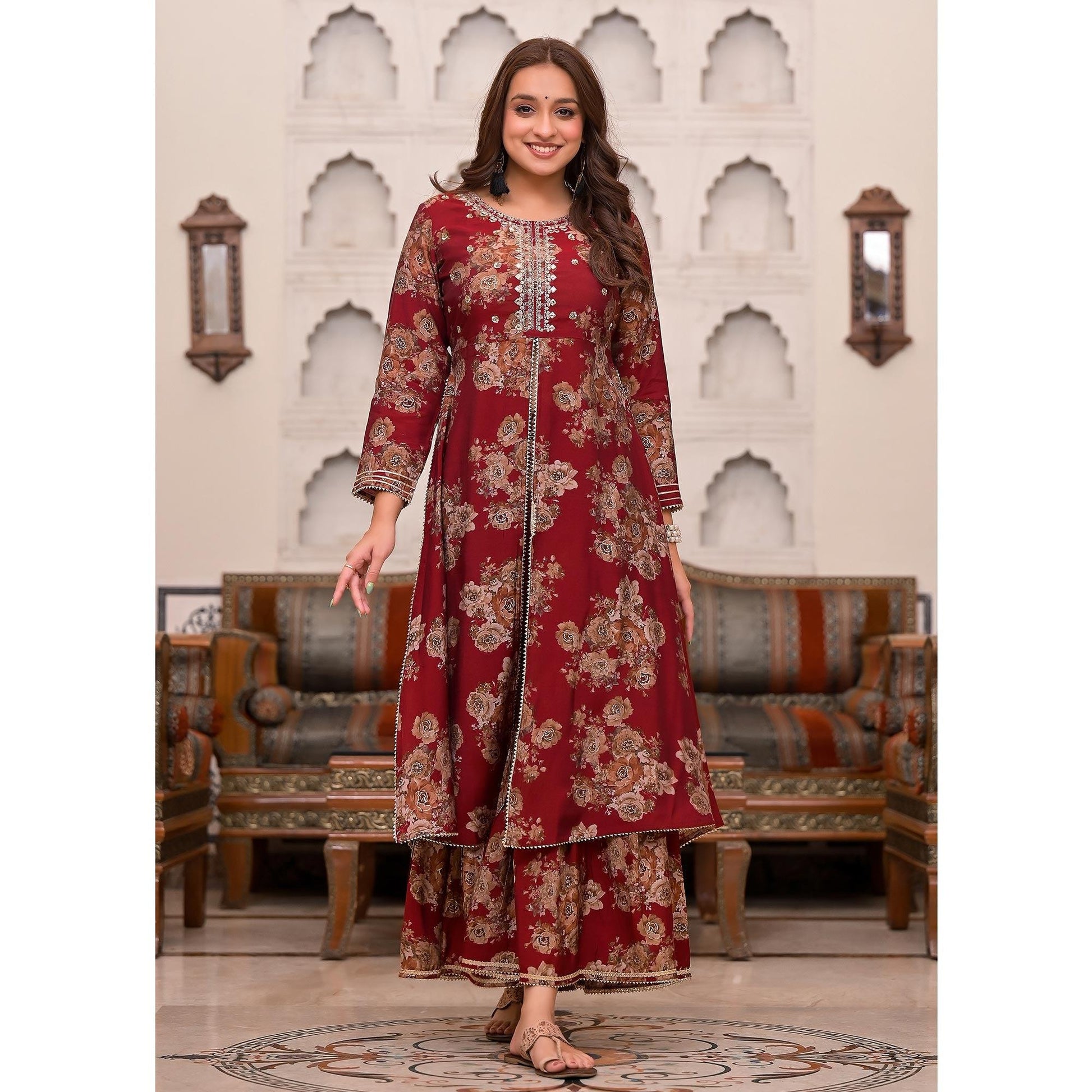 Maroon Printed Muslin Sharara Suit