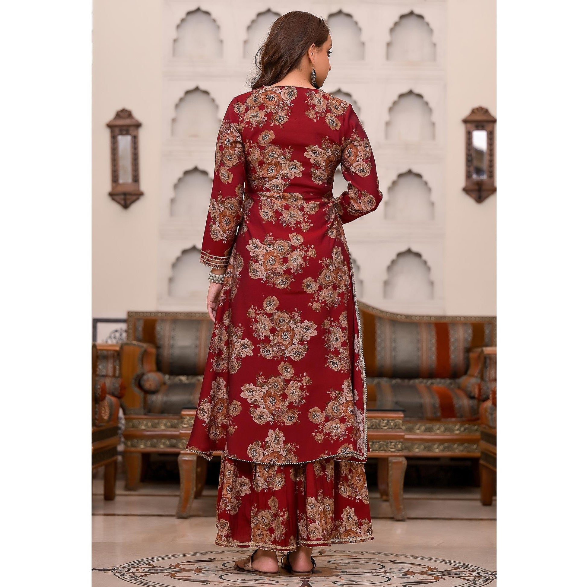 Maroon Printed Muslin Sharara Suit
