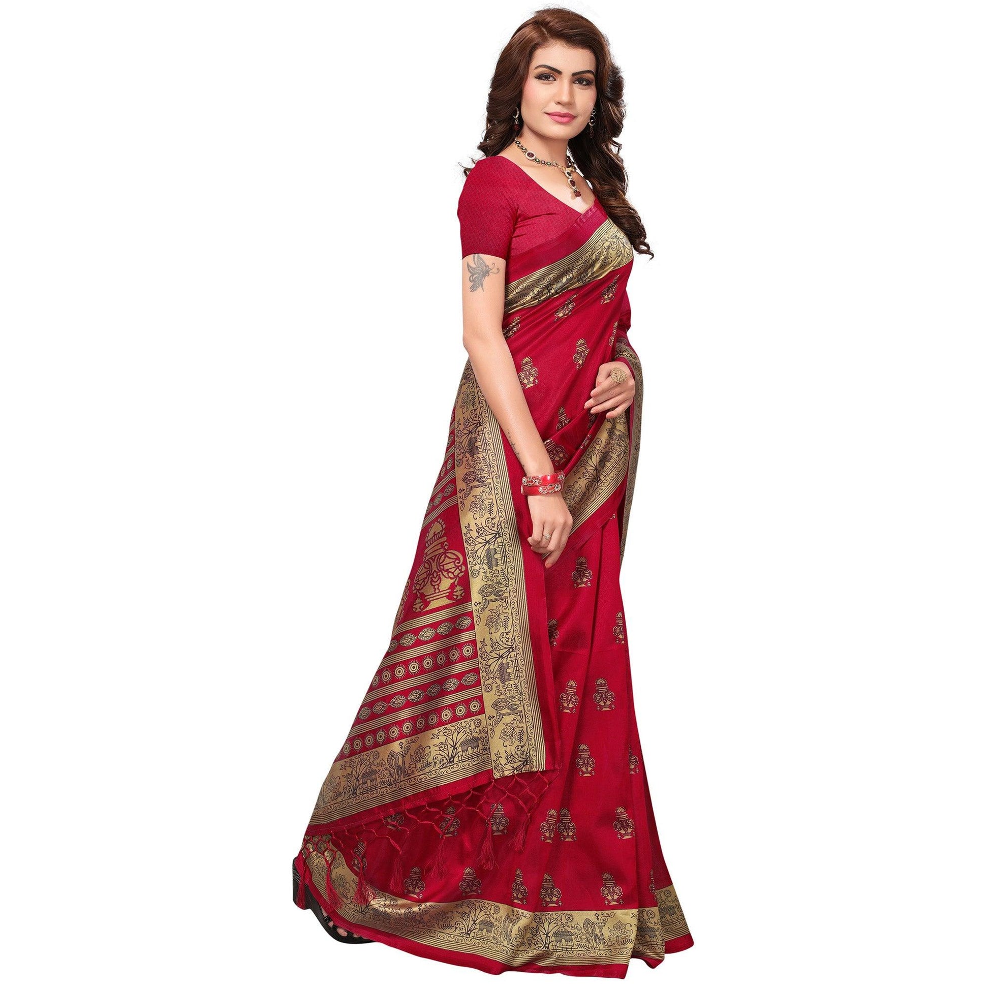 Maroon Printed Mysore Art Silk Saree