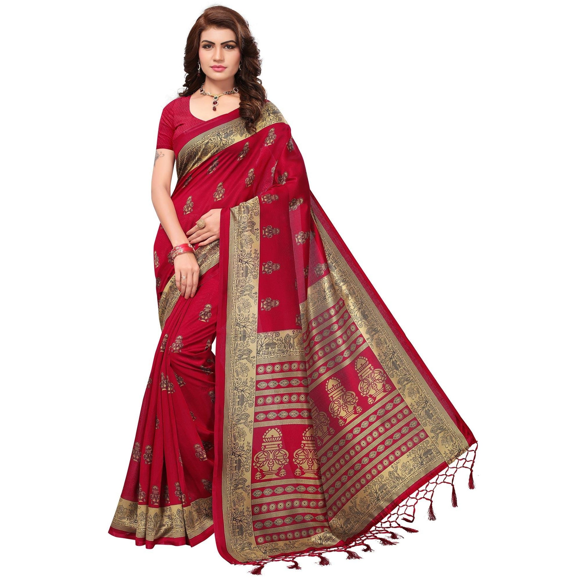 Maroon Printed Mysore Art Silk Saree