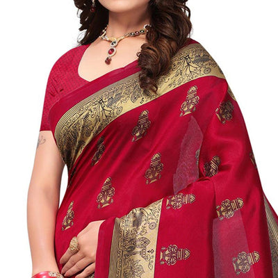 Maroon Printed Mysore Art Silk Saree