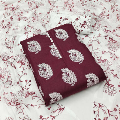Maroon Printed Cotton Blend Dress Material
