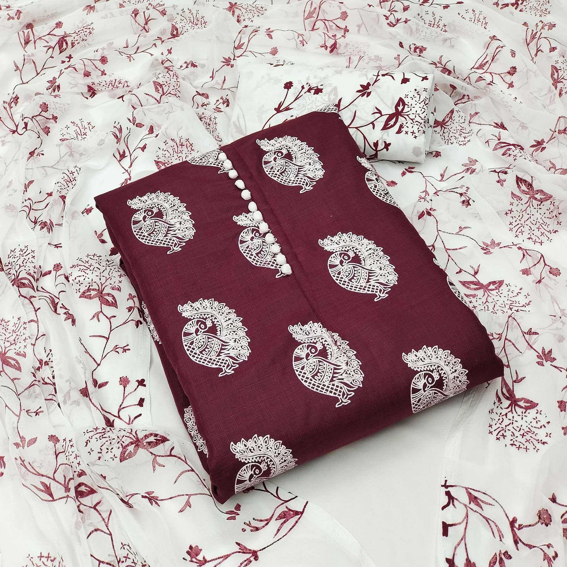 Maroon Printed Cotton Blend Dress Material