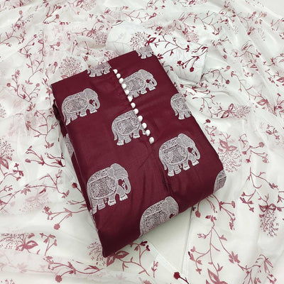 Maroon Printed Cotton Blend Dress Material