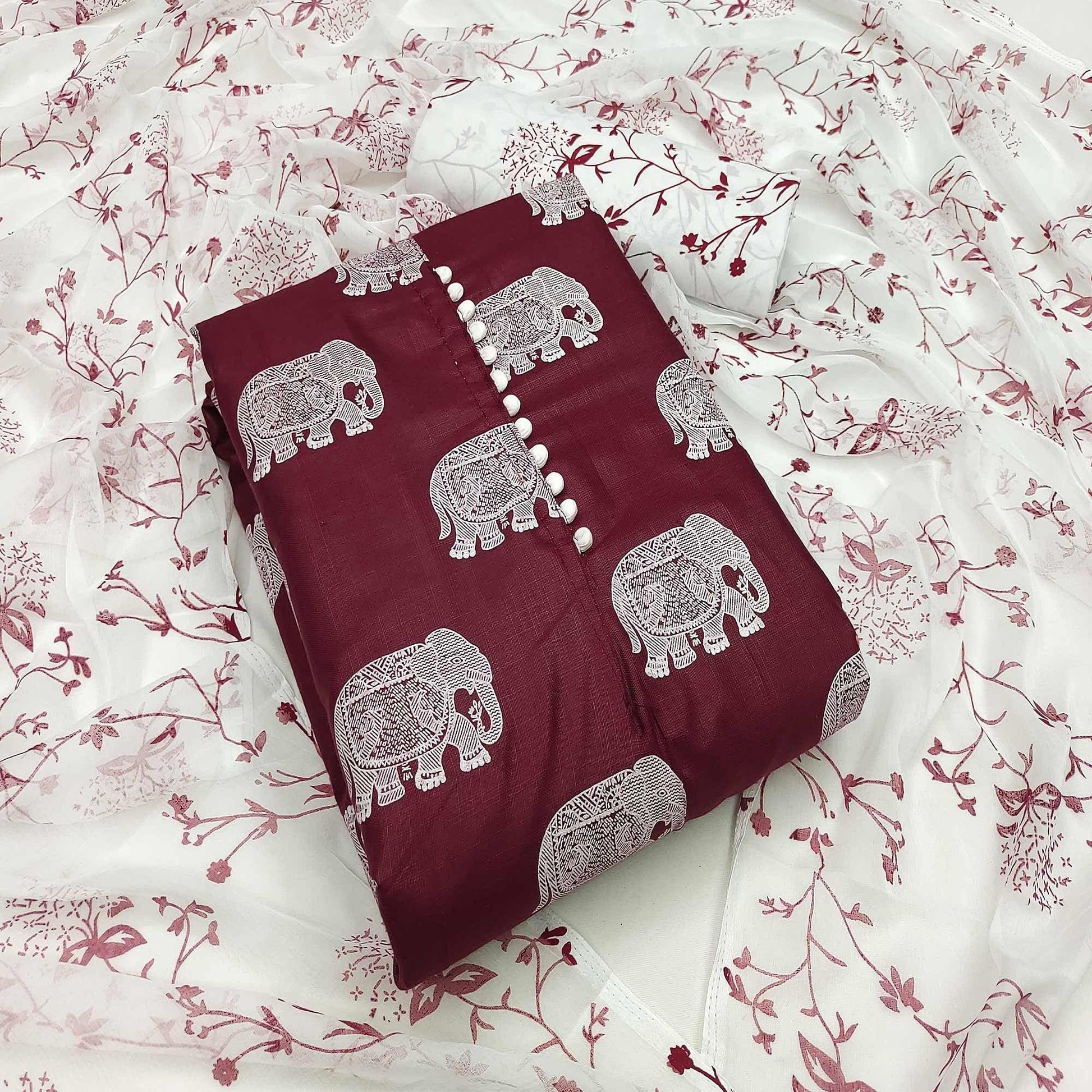 Maroon Printed Cotton Blend Dress Material