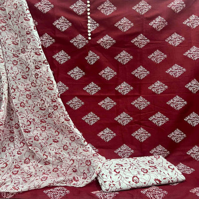 Maroon Printed Cotton Blend Dress Material