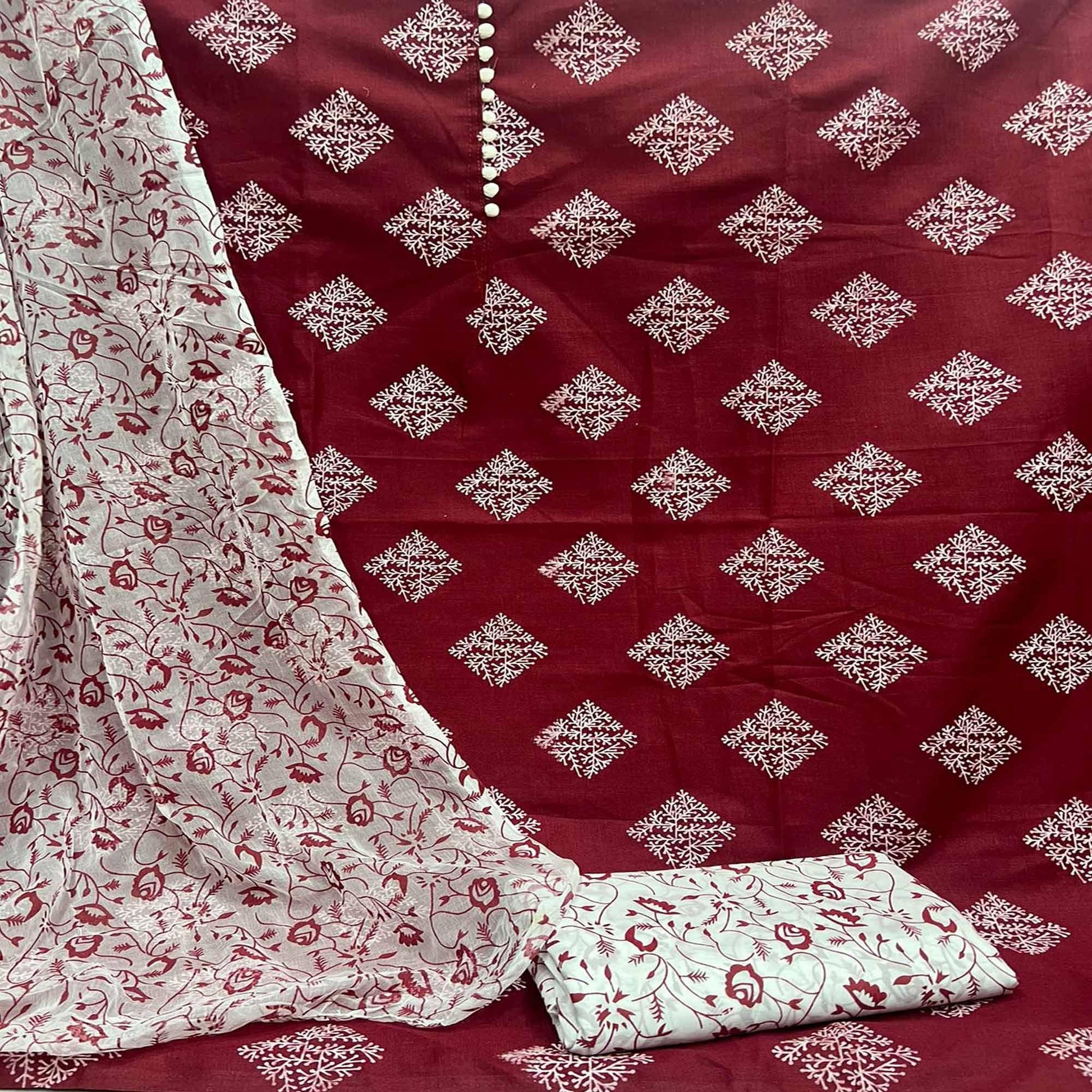 Maroon Printed Cotton Blend Dress Material