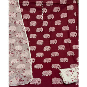 Maroon Printed Cotton Blend Dress Material