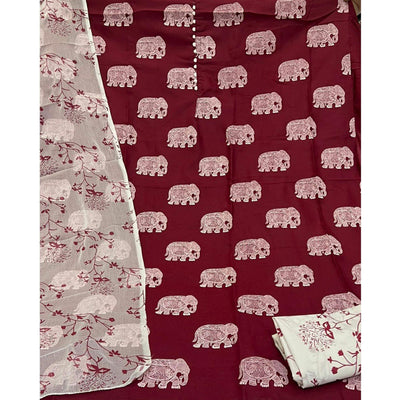 Maroon Printed Cotton Blend Dress Material