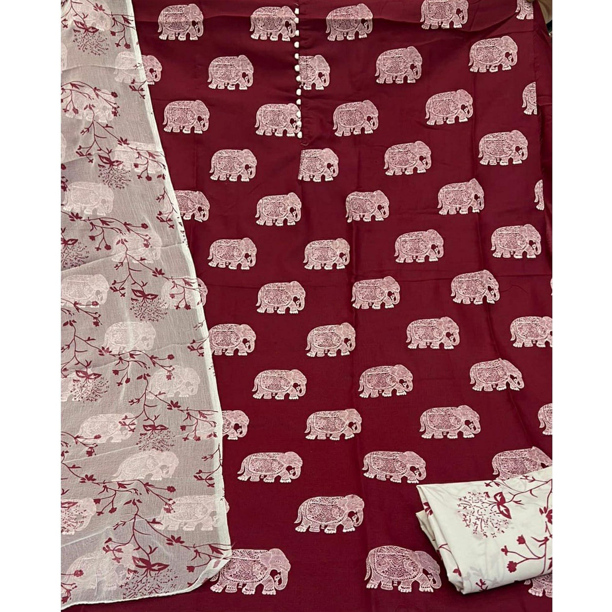 Maroon Printed Cotton Blend Dress Material