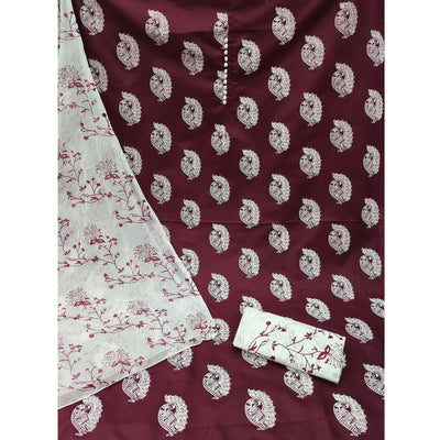 Maroon Printed Cotton Blend Dress Material
