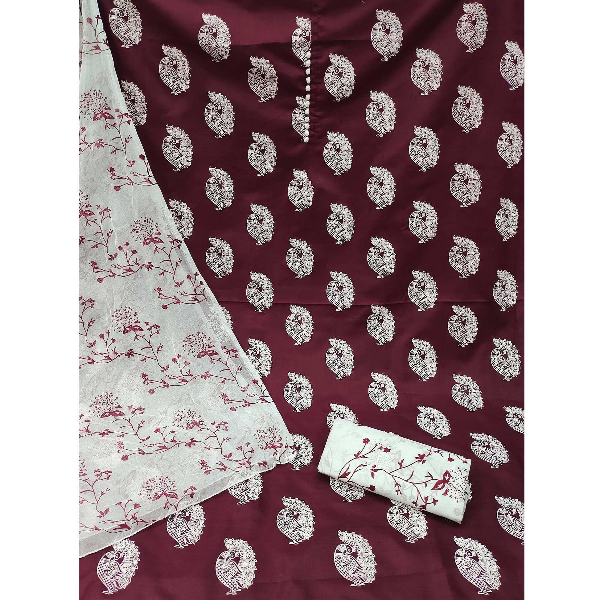 Maroon Printed Cotton Blend Dress Material