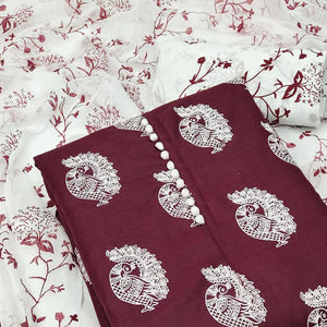 Maroon Printed Cotton Blend Dress Material