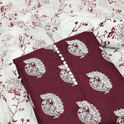 Maroon Printed Cotton Blend Dress Material