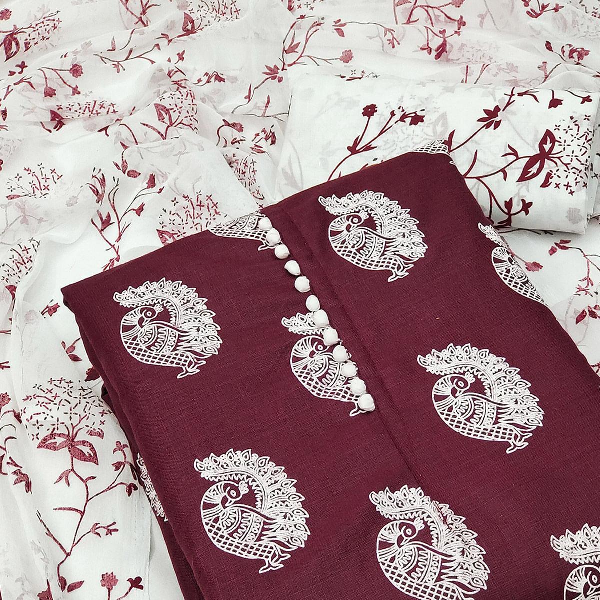 Maroon Printed Cotton Blend Dress Material