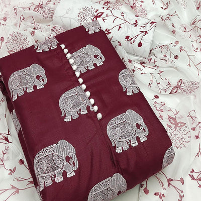 Maroon Printed Cotton Blend Dress Material