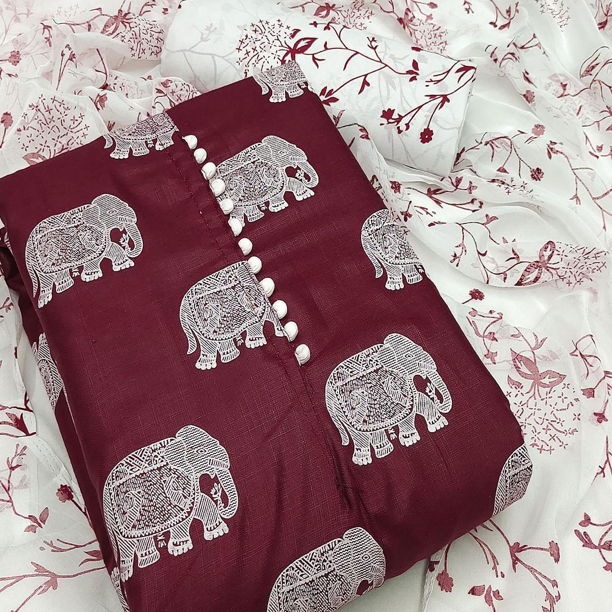 Maroon Printed Cotton Blend Dress Material