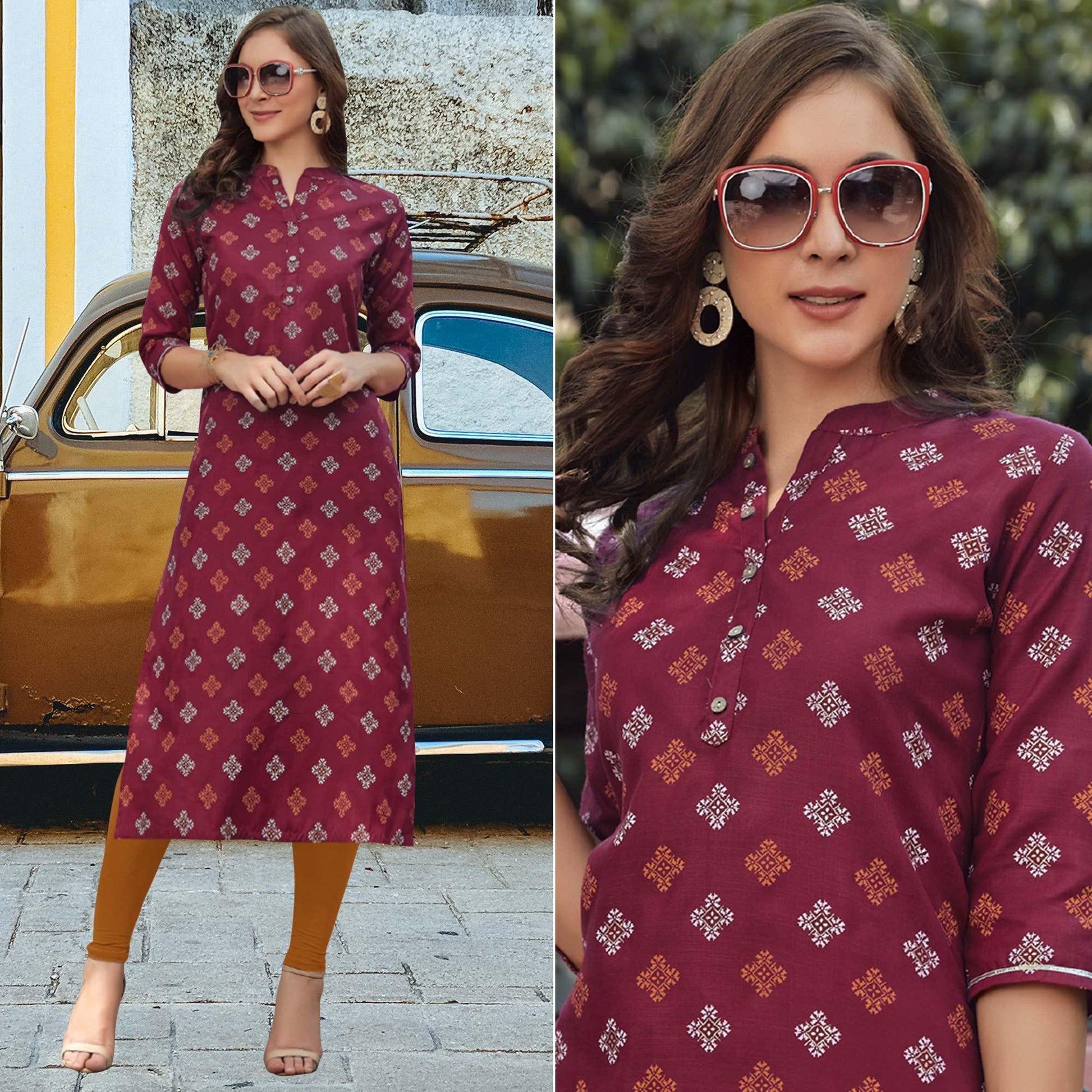 Maroon Printed Cotton Blend Kurti