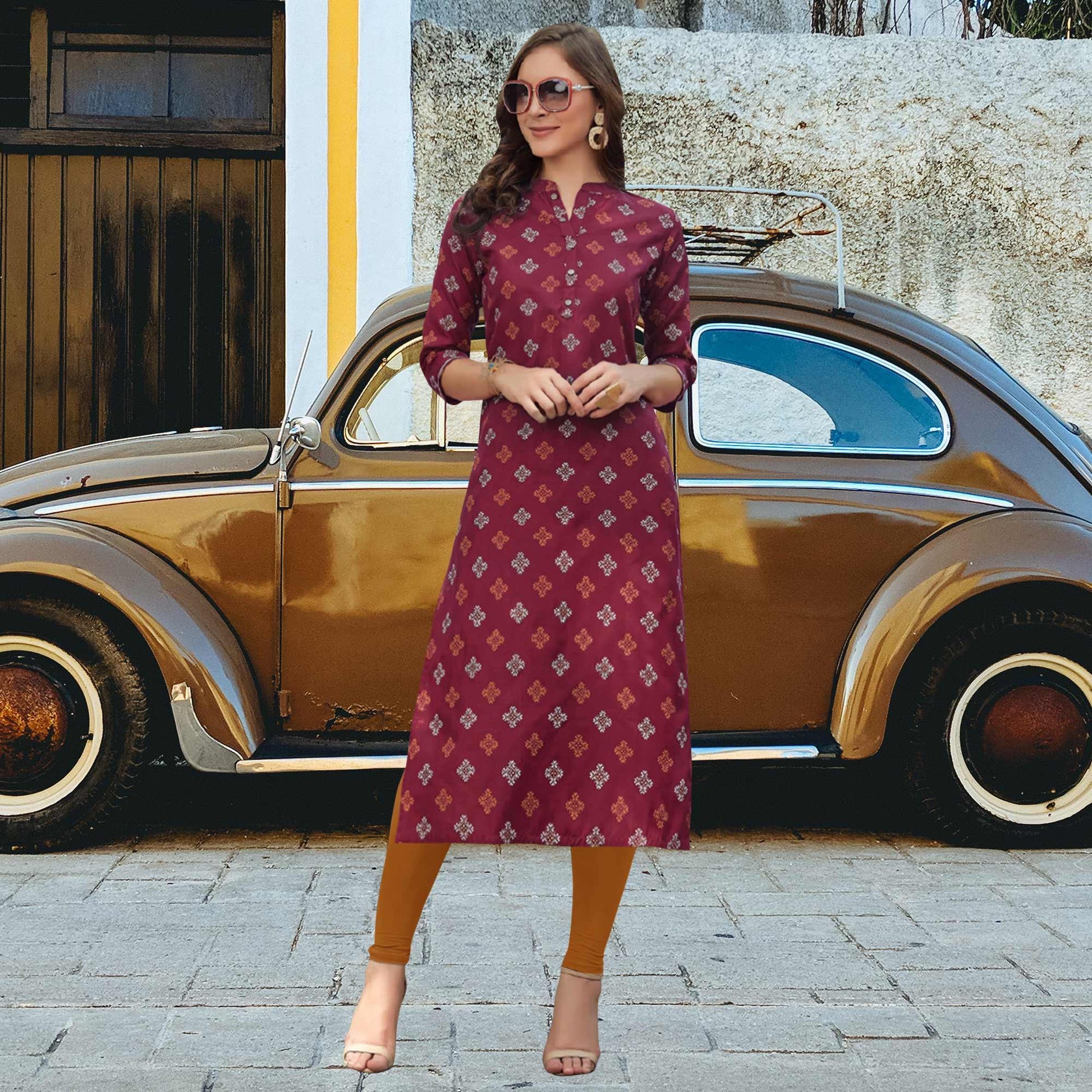 Maroon Printed Cotton Blend Kurti