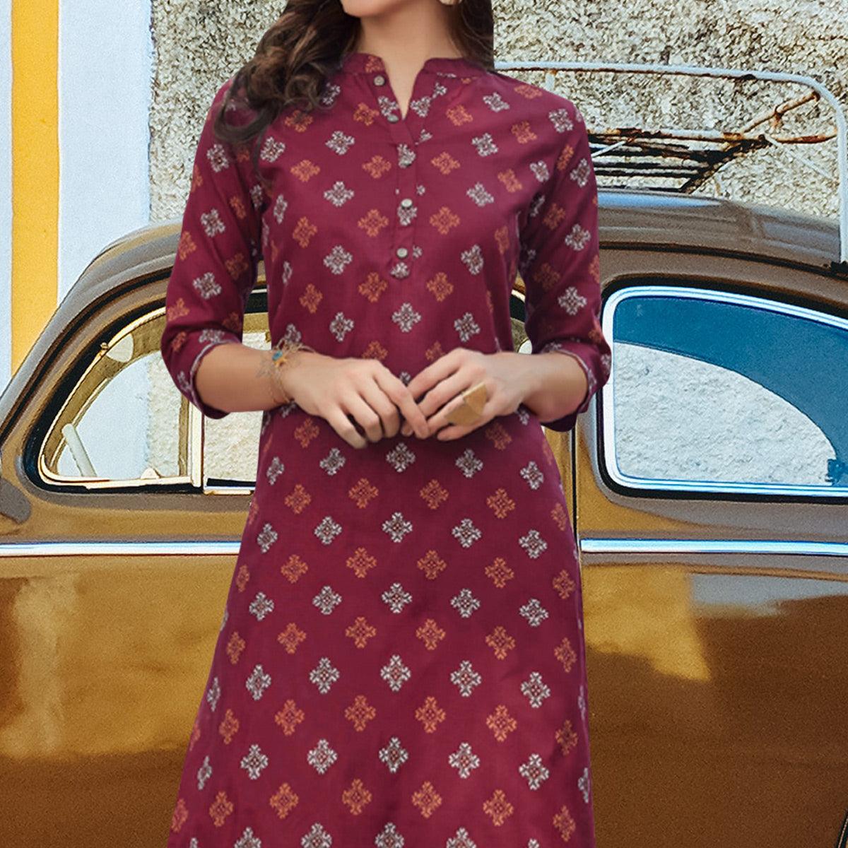 Maroon Printed Cotton Blend Kurti