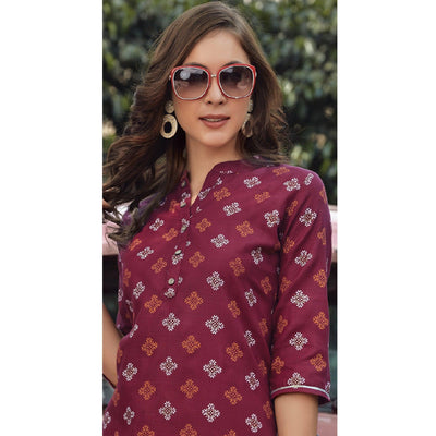 Maroon Printed Cotton Blend Kurti