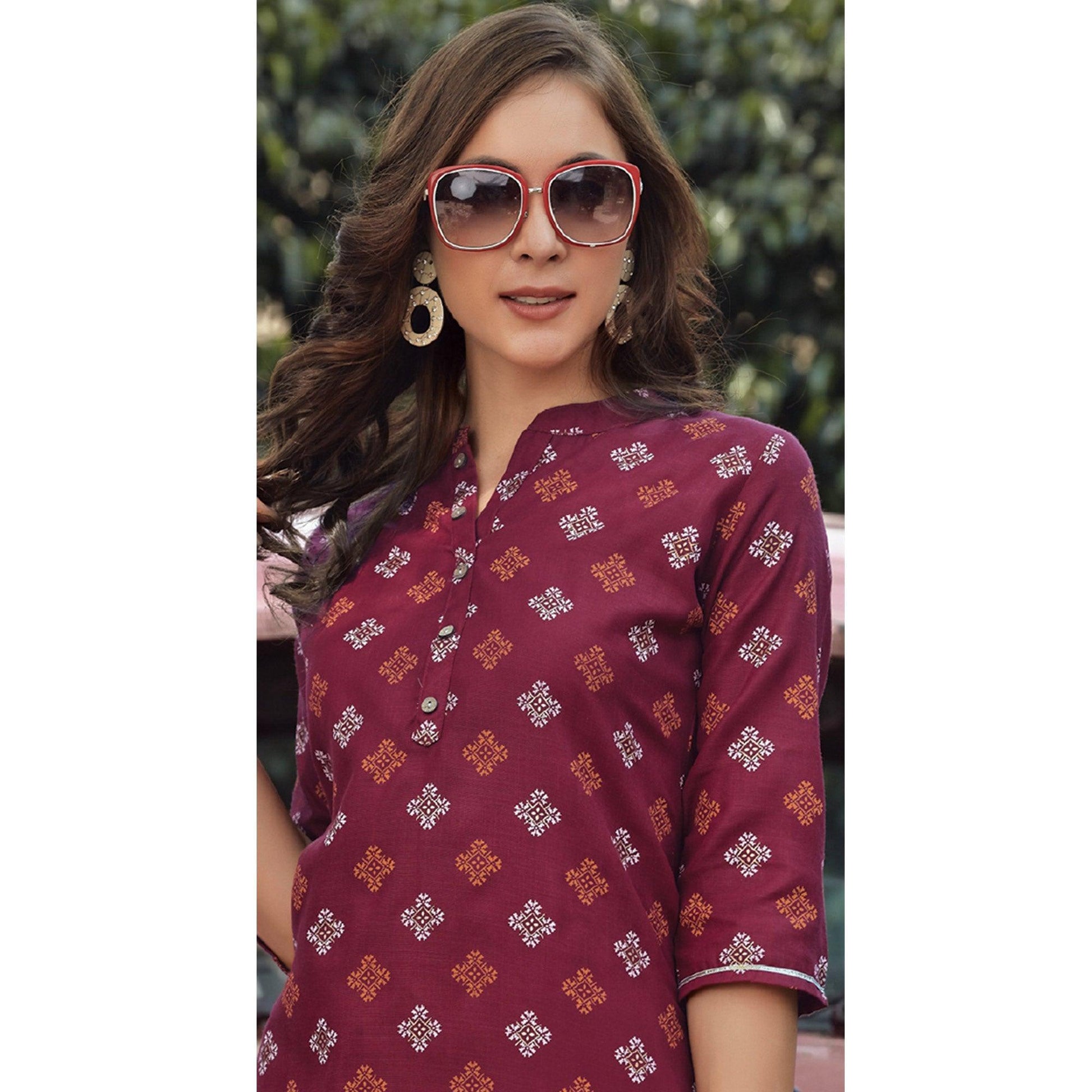 Maroon Printed Cotton Blend Kurti