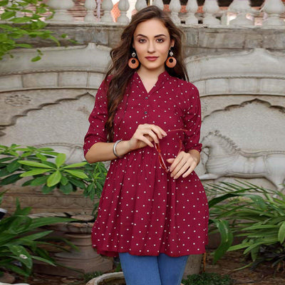 Maroon Printed Cotton Blend Top