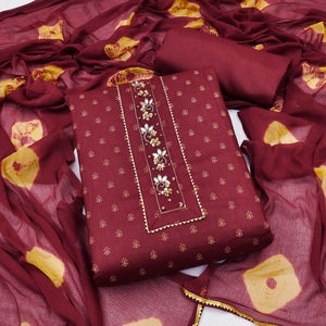 Maroon Printed Pure Cotton Dress Material