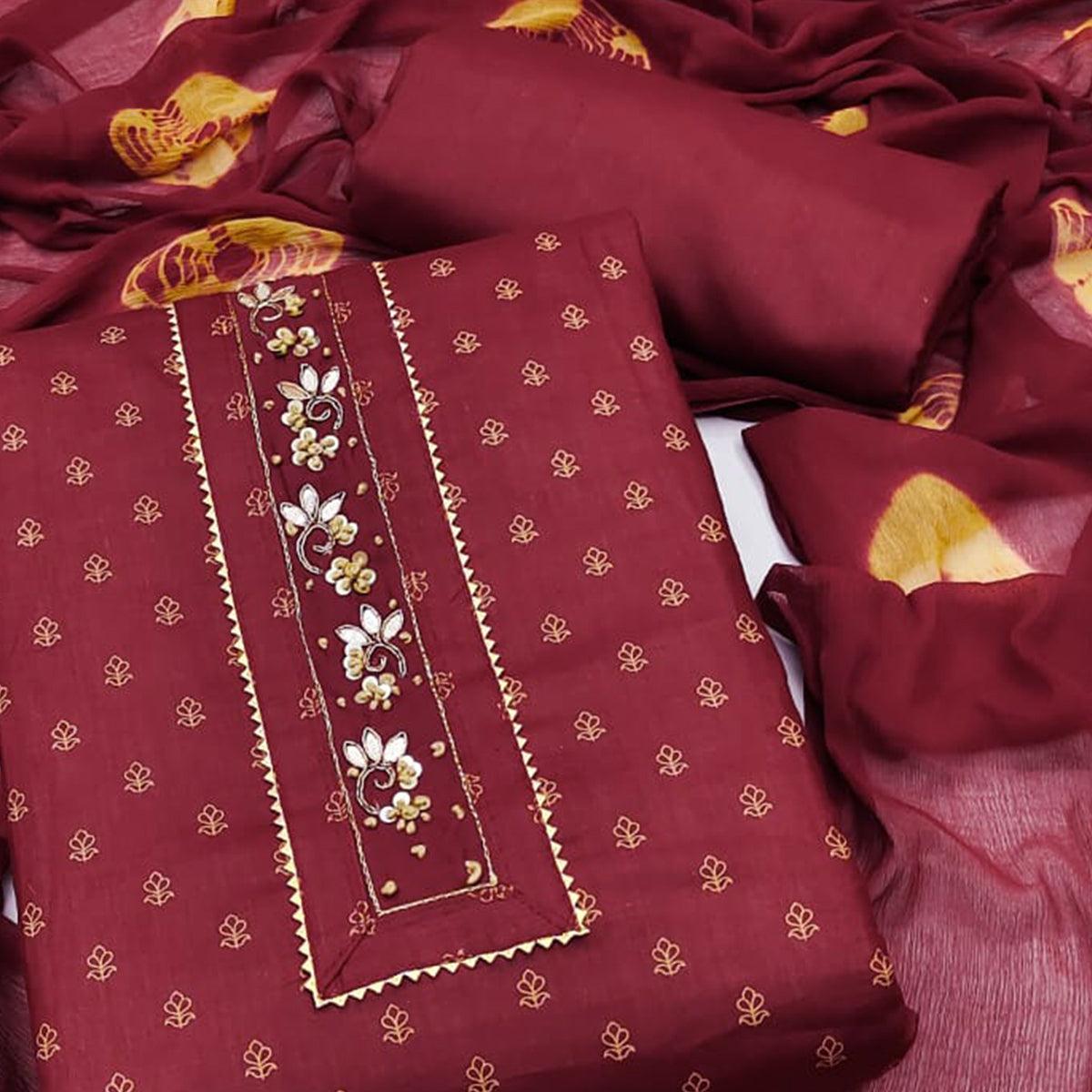Maroon Printed Pure Cotton Dress Material