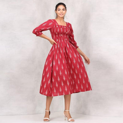 Maroon Printed Pure Cotton Dress