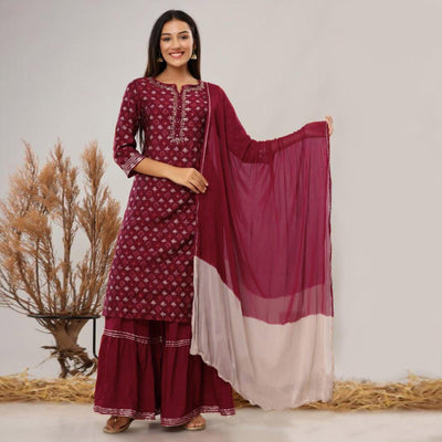 Maroon Printed Pure Cotton Sharara Suit