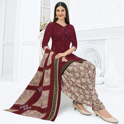 Maroon Printed Pure Cotton Stitched Patiala Suit