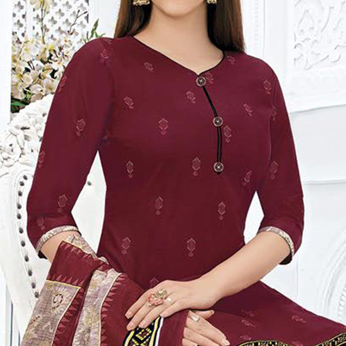 Maroon Printed Pure Cotton Stitched Patiala Suit