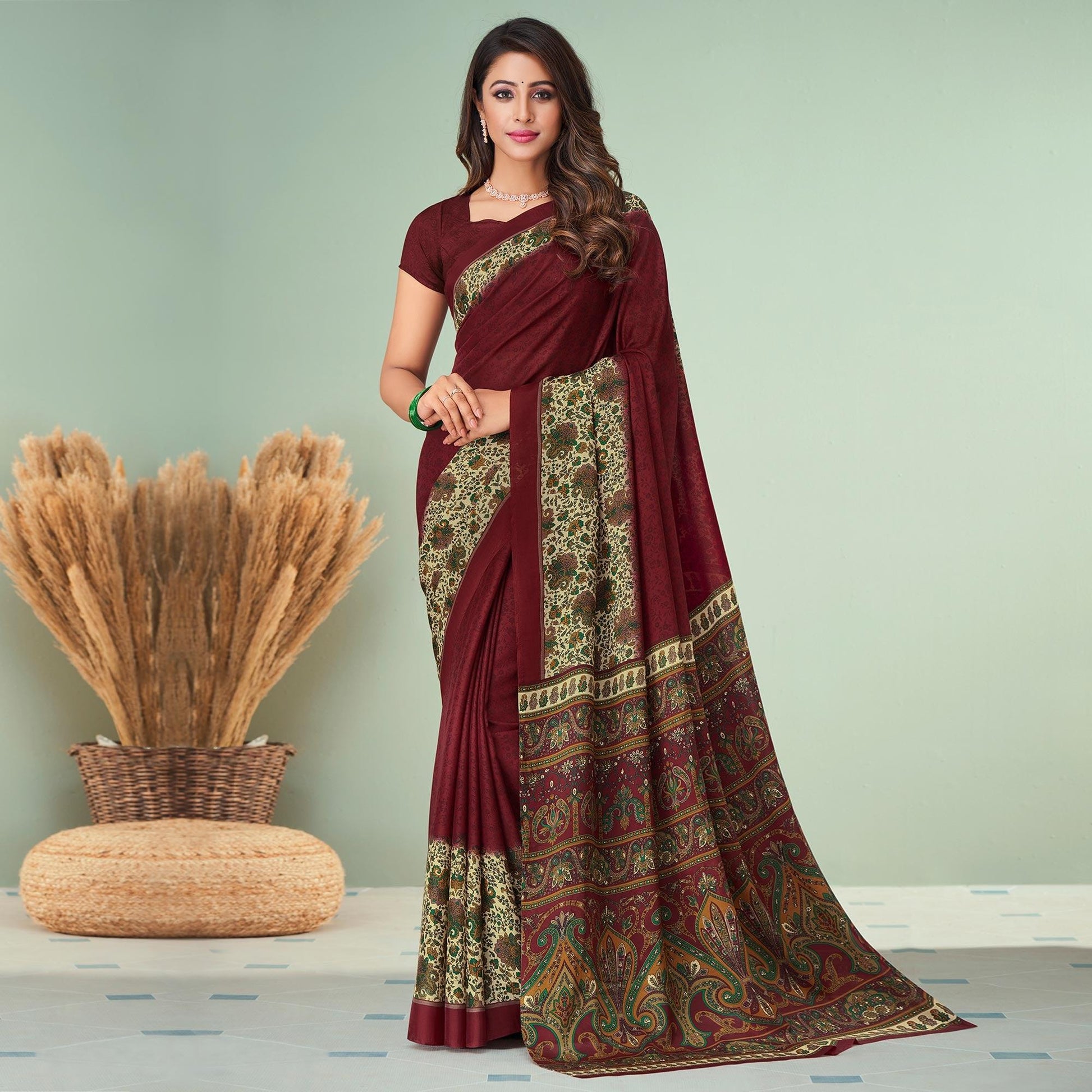 Maroon Printed Raw Silk Saree