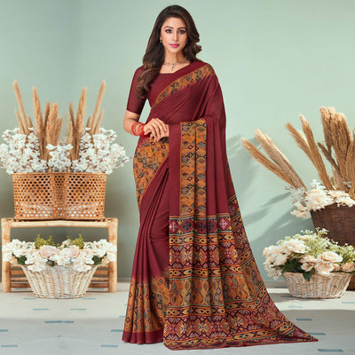 Maroon Printed Raw Silk Saree