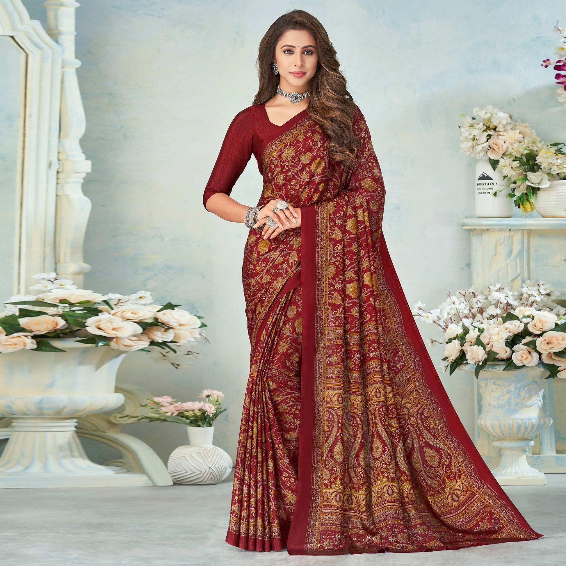 Maroon Printed Raw Silk Saree