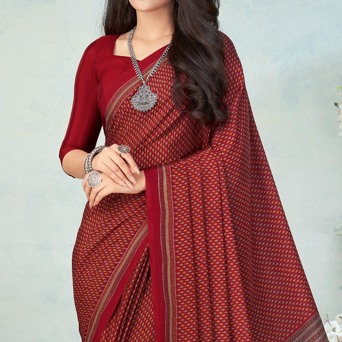 Maroon Printed Raw Silk Saree