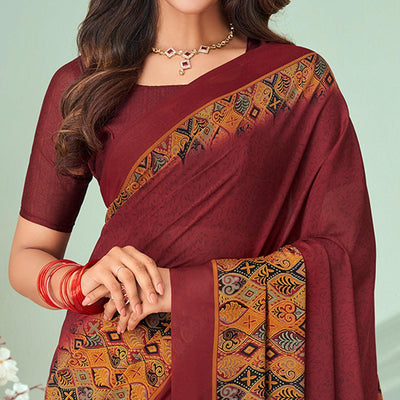 Maroon Printed Raw Silk Saree