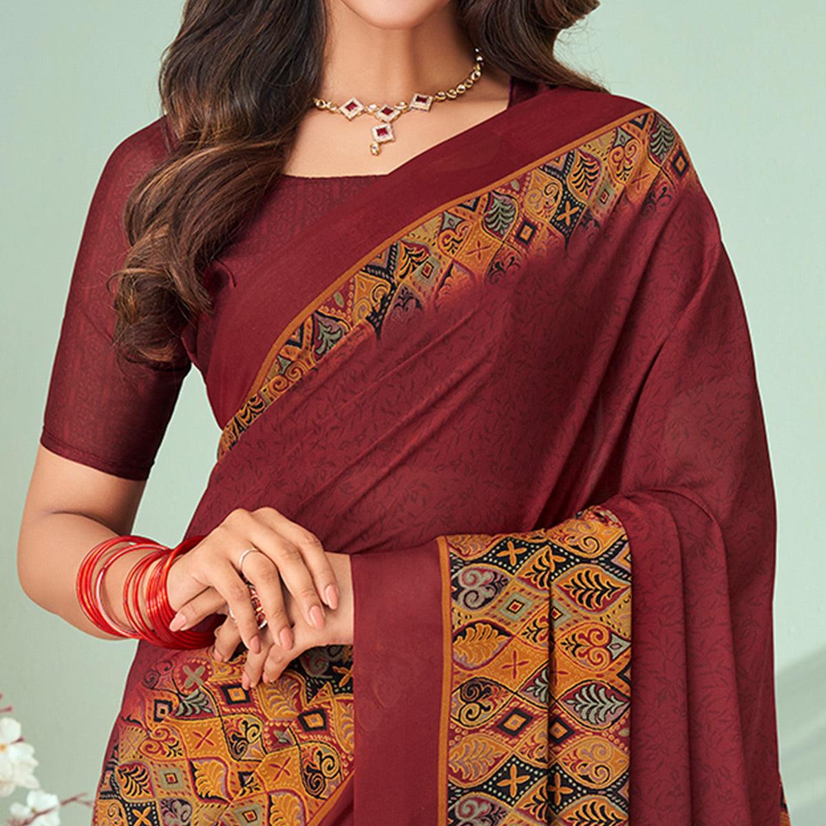 Maroon Printed Raw Silk Saree