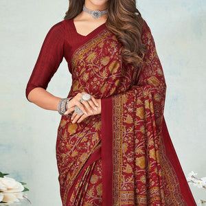 Maroon Printed Raw Silk Saree