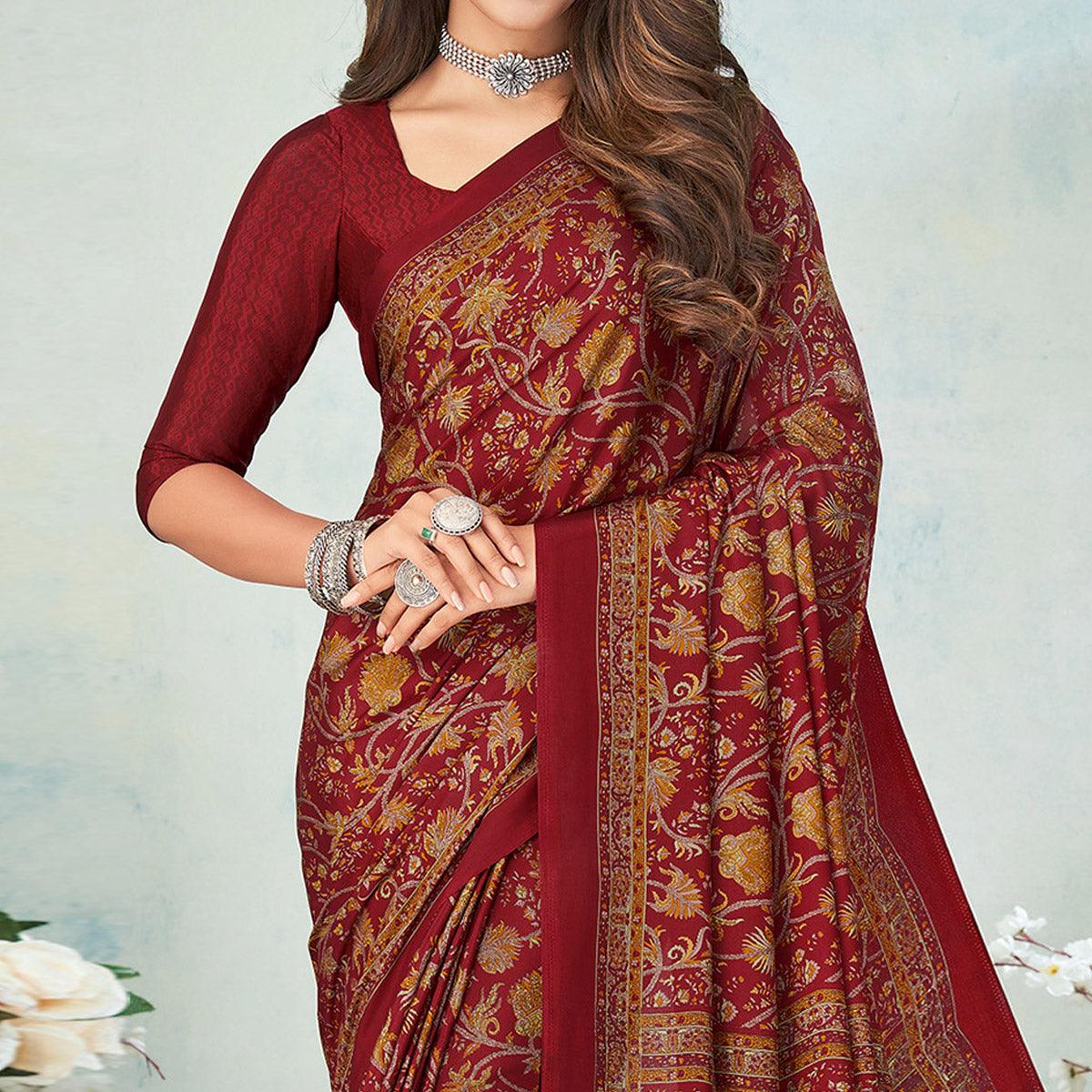 Maroon Printed Raw Silk Saree