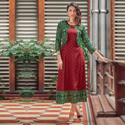 Maroon Printed Rayon Anarkali Kurti