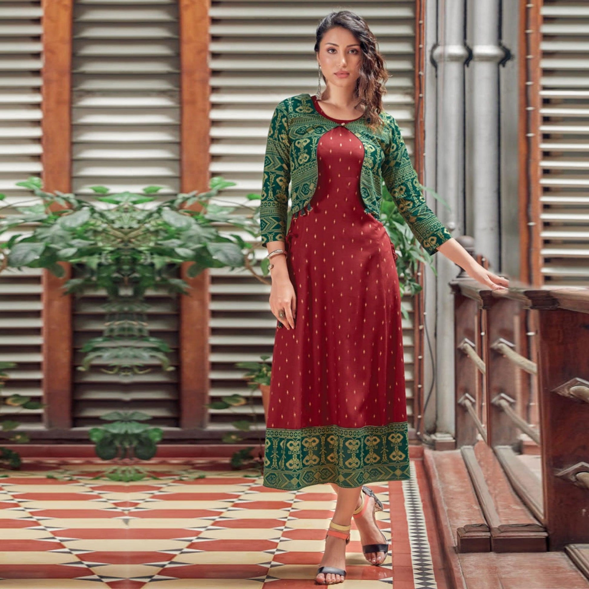 Maroon Printed Rayon Anarkali Kurti