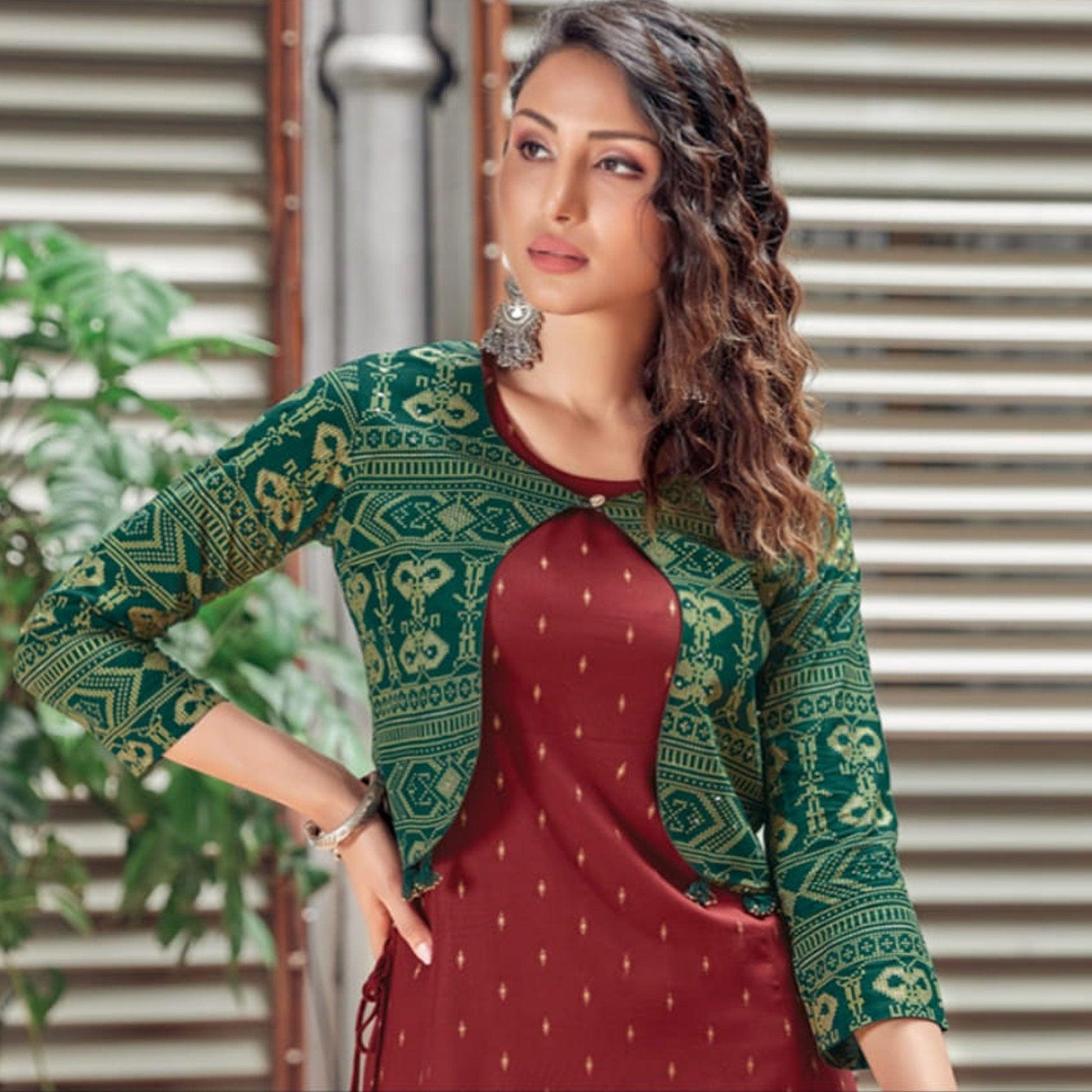 Maroon Printed Rayon Anarkali Kurti