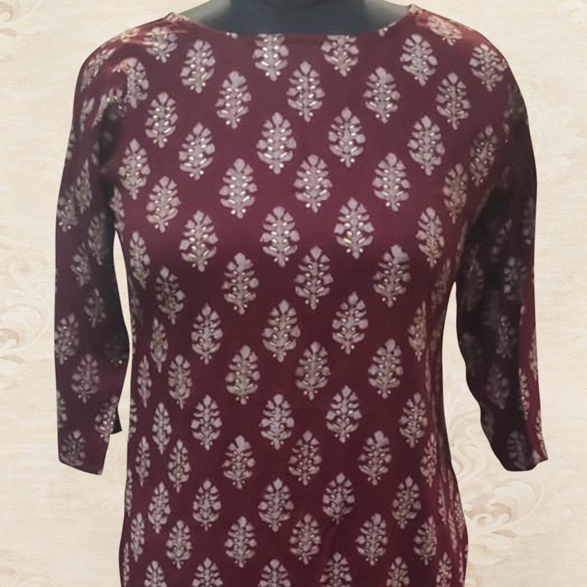 Maroon Printed Rayon Kurti