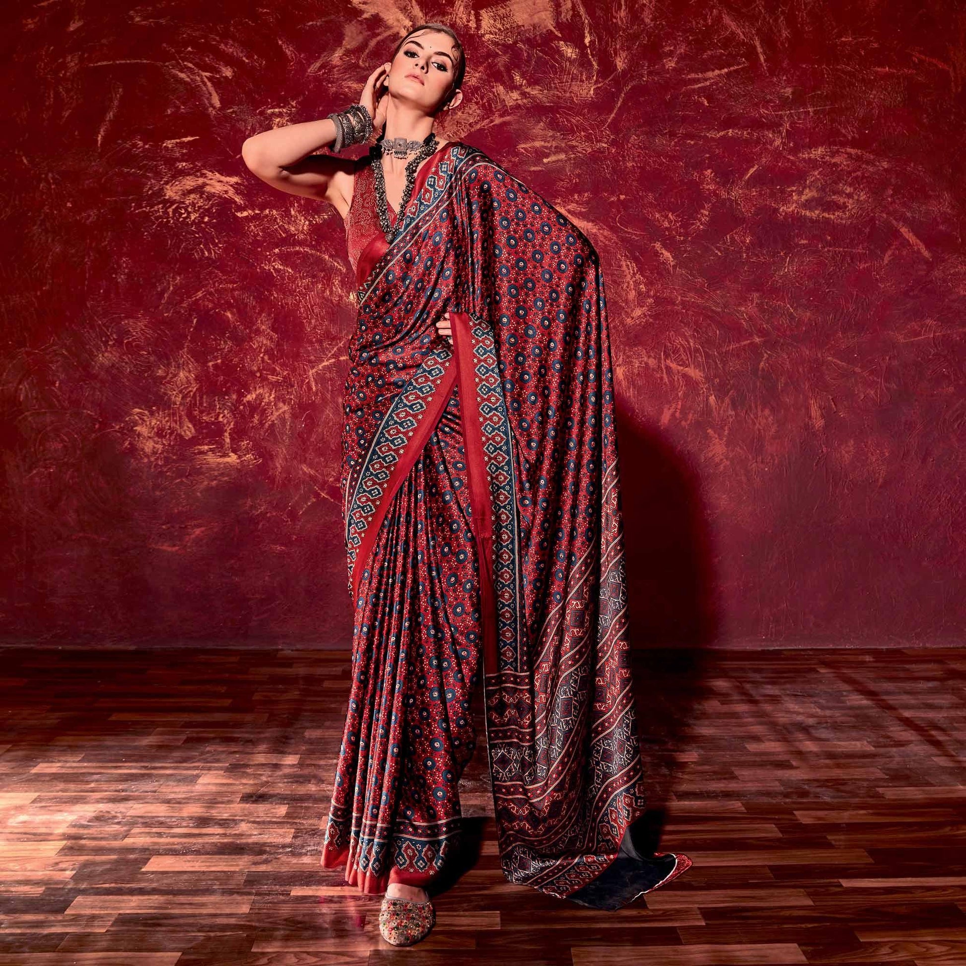 Maroon Printed Satin Saree