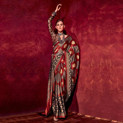 Maroon Printed Satin Saree