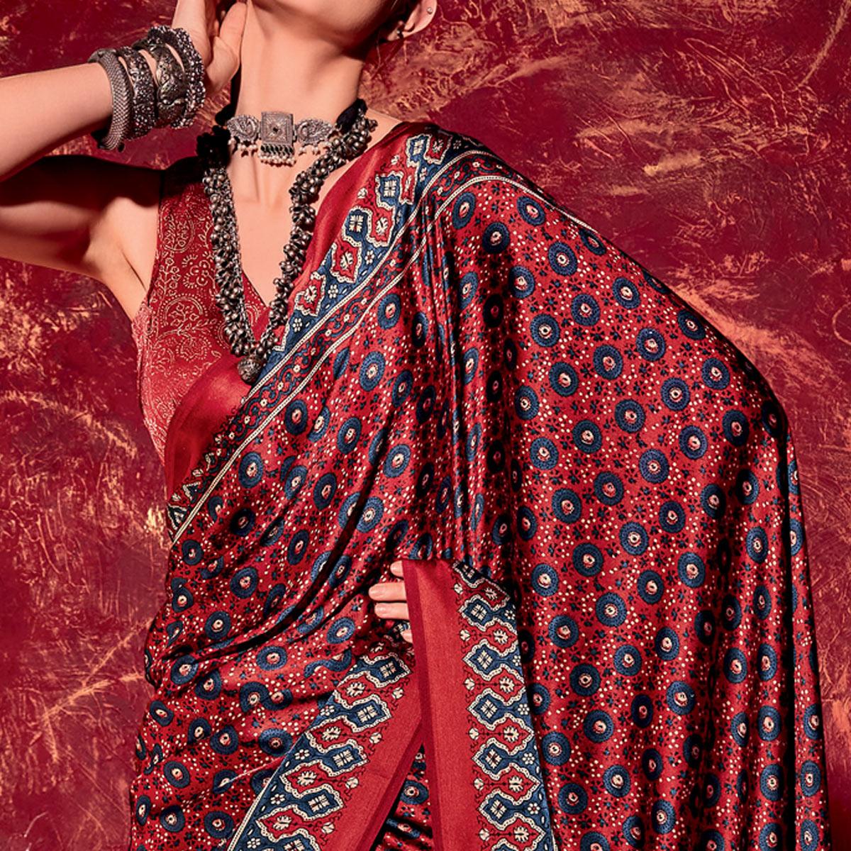 Maroon Printed Satin Saree