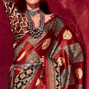 Maroon Printed Satin Saree
