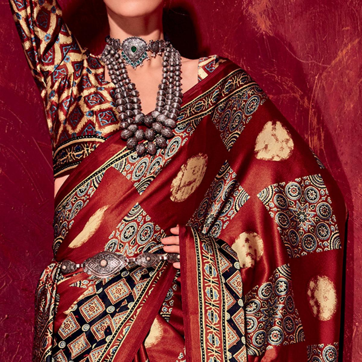 Maroon Printed Satin Saree